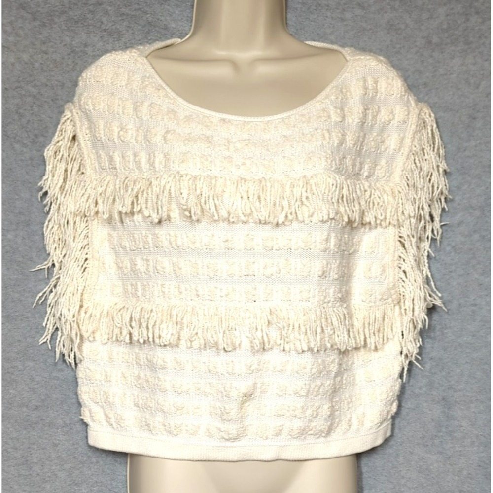 BCBG Sleeveless Cropped Sweater Top S White Fringe Oversized Festival Hipster